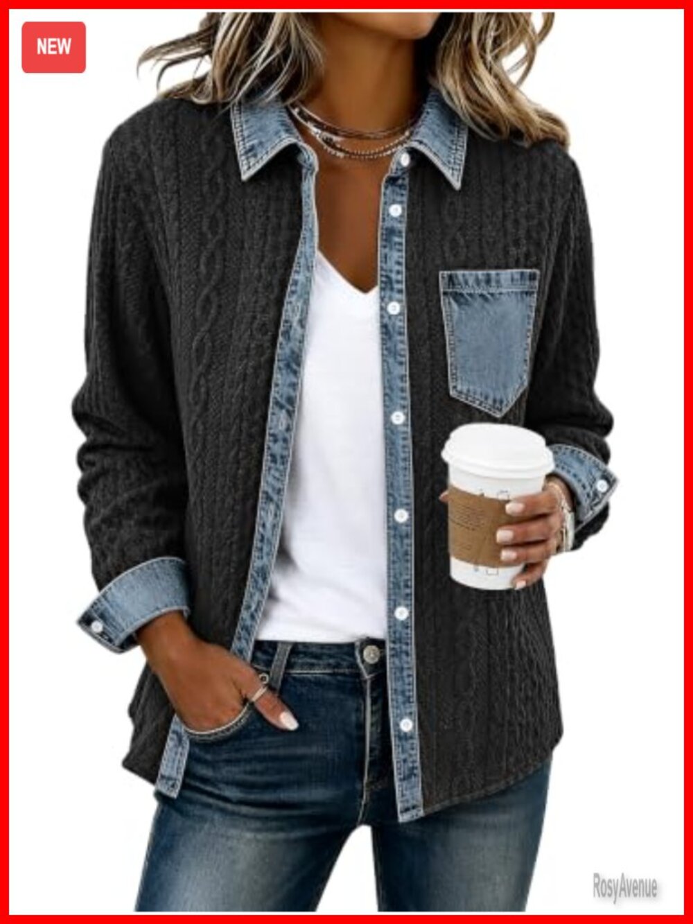 Women's Denim Patchwork Shacket Casual Long Sleeve Button Down Loose Fit Jacket